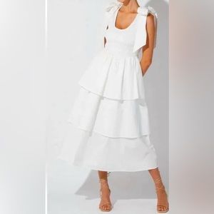 CLEOBELLA Kaiya smocked tiered white cotton midi dress. Small